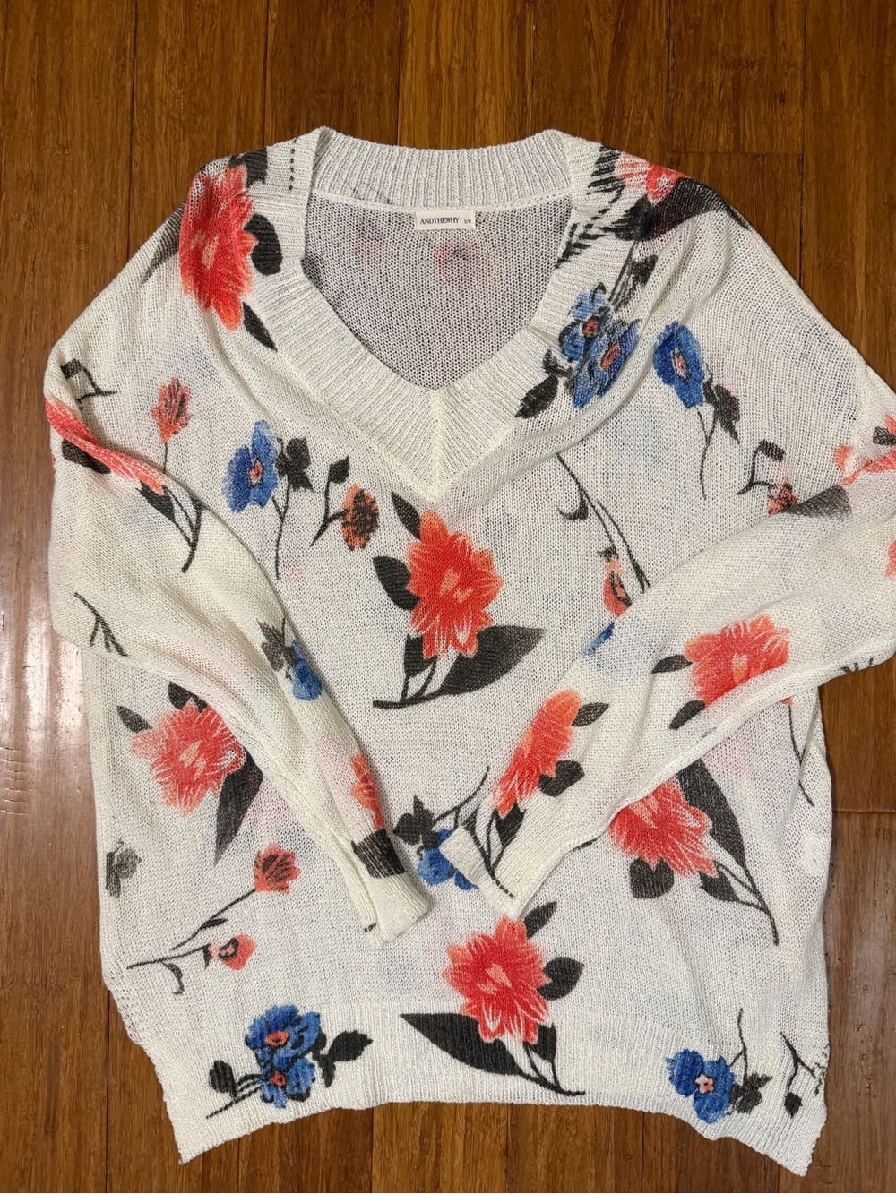 White V-Neck Floral Pullover Sweater with Coral & Blue Blooms